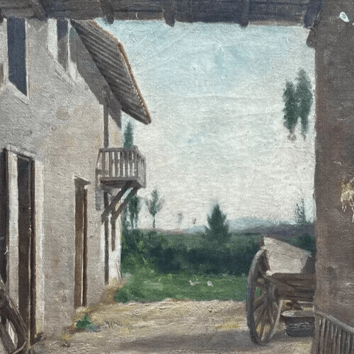 Antique Oil Painting Signed Original Landscape, Farm, House Artwork French image 5