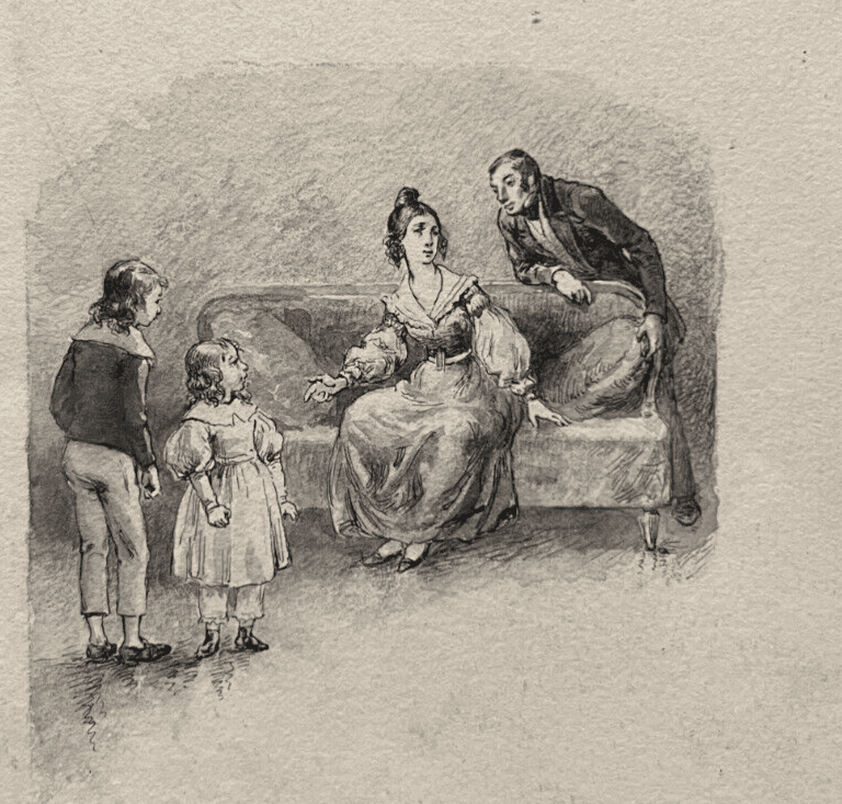 Antique Pencil Drawing 19th century Original Family, Children, Portrait image 1