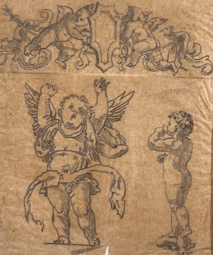 Antique Original Drawing Putti, Angels Portrait, Vase, Architecture 19th century image 1