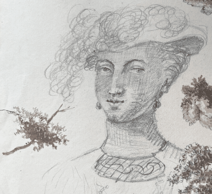 Antique Original Drawing Woman Portrait with Hat, Trees 19th century image 1