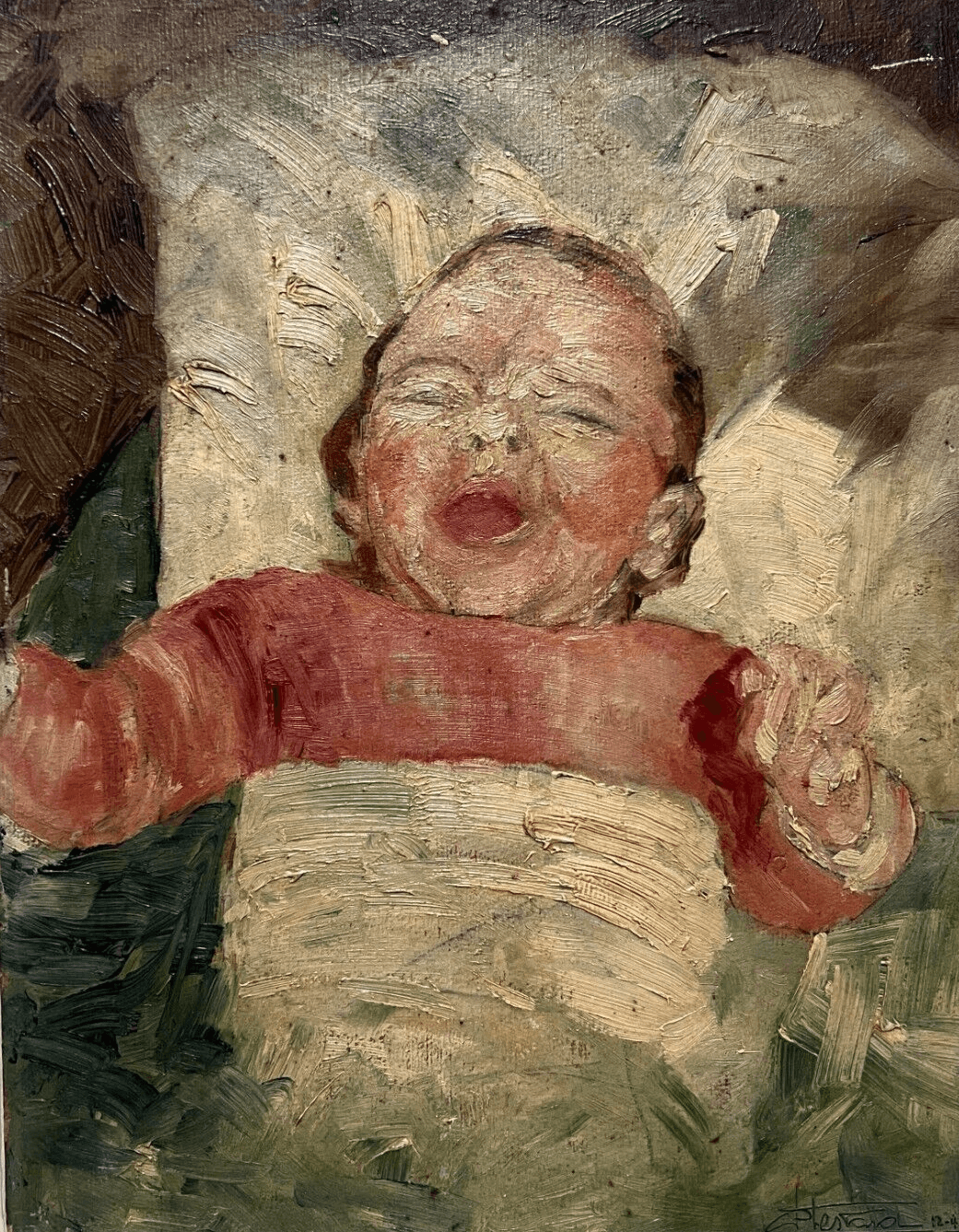 Vintage Oil Original Painting signed Baby Portrait Crying image 1