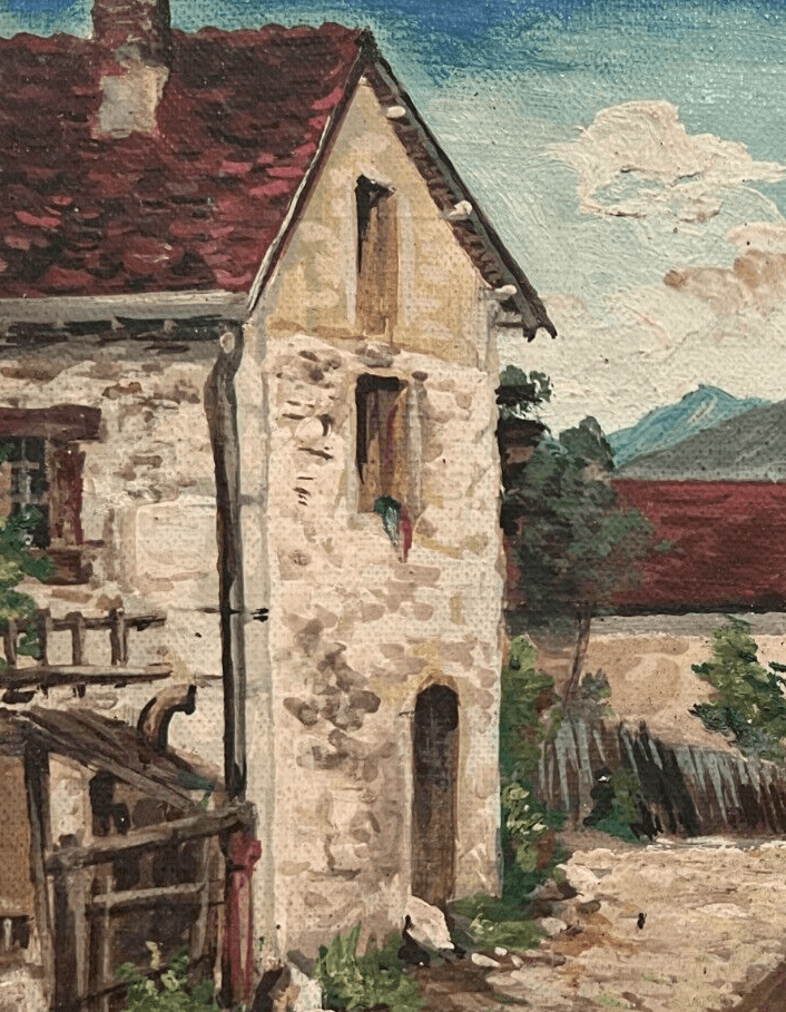 Antique Oil Vintage Original Painting Landscape Mountain Village, Chicken image 2