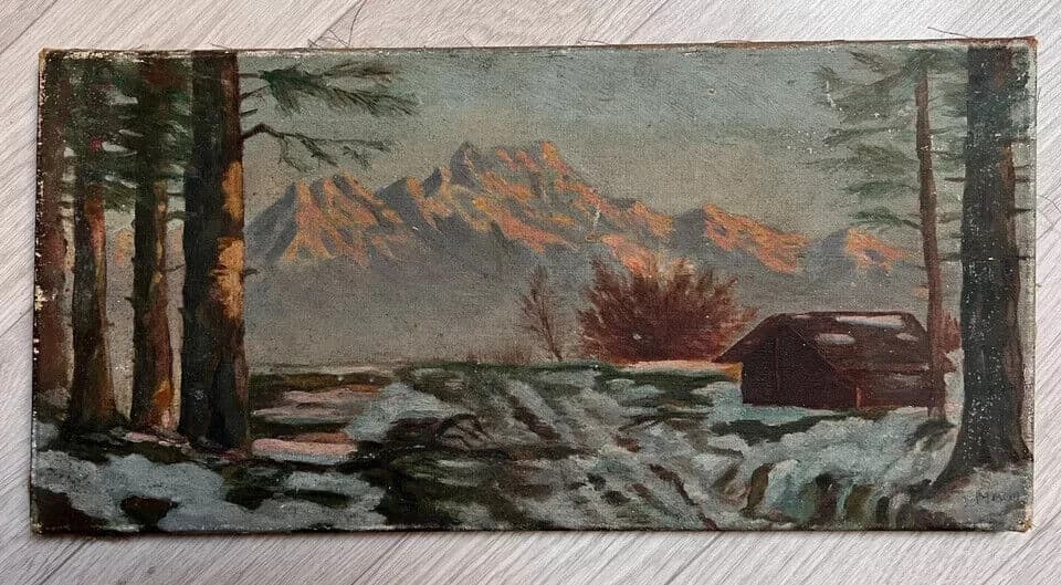 Antique Original Painting Chalet Winter Mountain Landscape, Snow, Pine Tree image 2