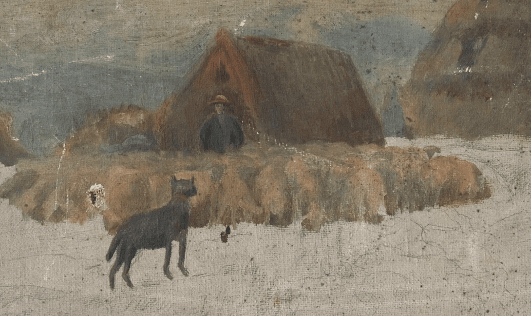 Antique Oil Original Painting, Landscape, Livestock, Farmer, Sheep, Dog image 2