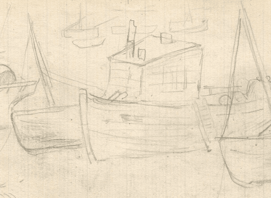 Antique Pencil Maritime Drawing Original, Boats, Port, Seascape image 1