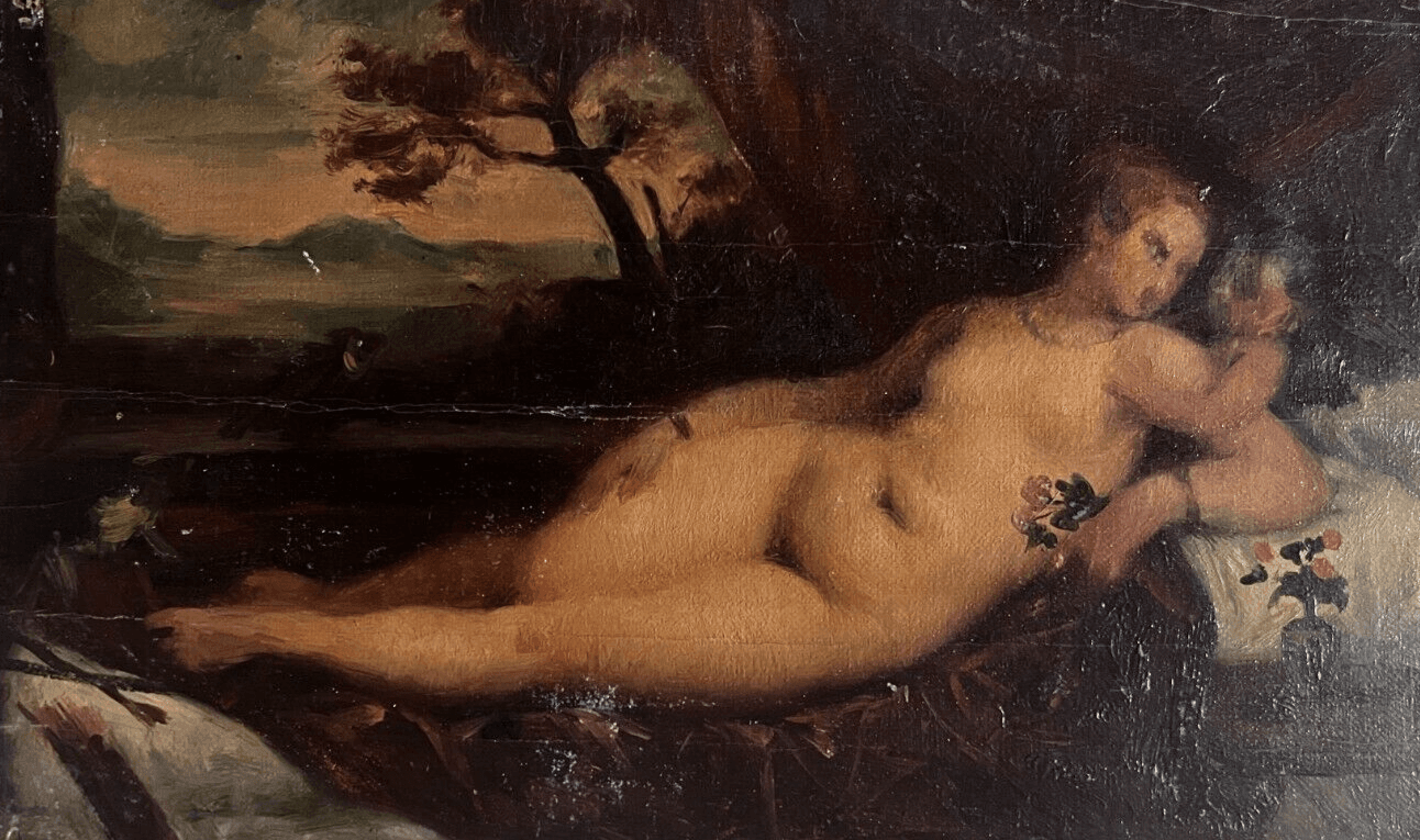 Antique Oil Painting Original Woman, Portrait, Venus, Cupidon, Angel, Nude image 1