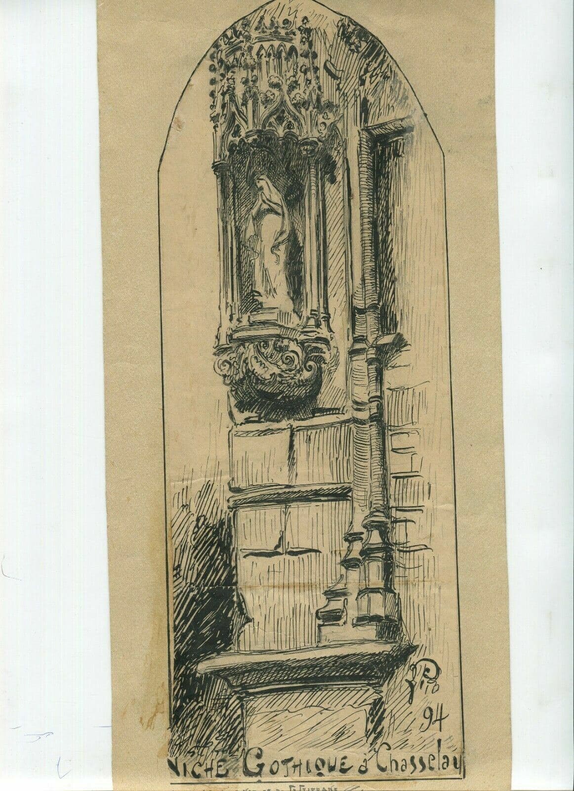 Antique Ink Original Drawing 19th century Religious Gothic Church Chasselay image 1