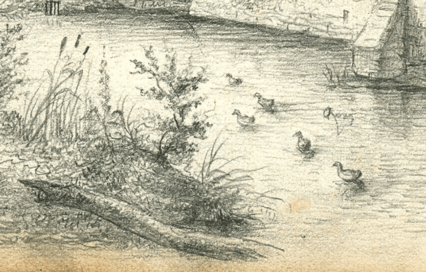 Antique Pencil Drawing Original Wall Landscape River, Duck, Tree, Cityview image 3