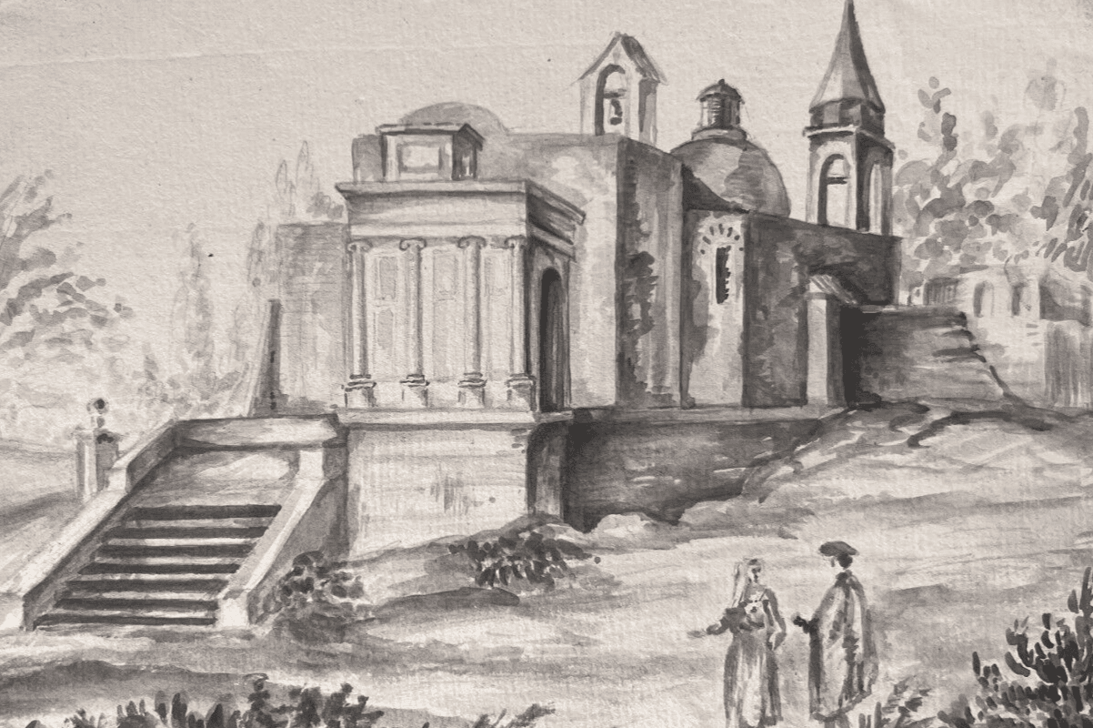 Antique Original Drawing Landscape, People, Building 19th century image 1