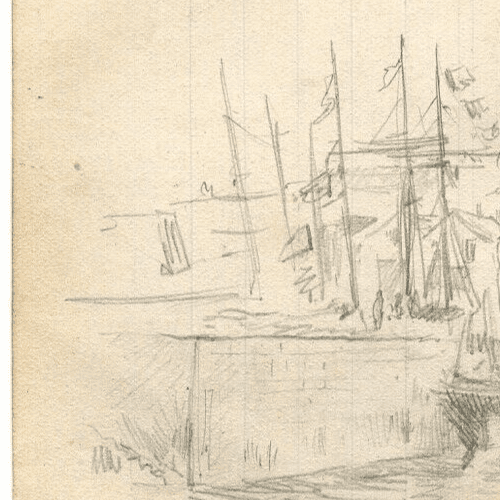 Vintage Original Pencil Drawing Port, Boat Landscape, Cityview Sketch image 3