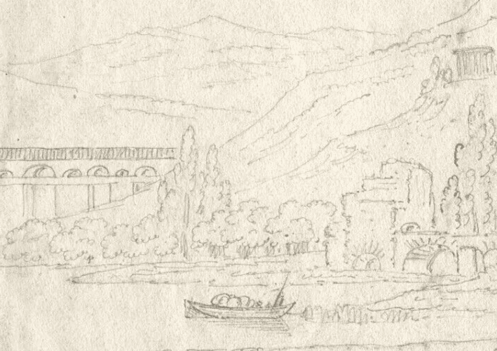 Antique Pencil Drawing Landscape 19th century Building and Boat image 2
