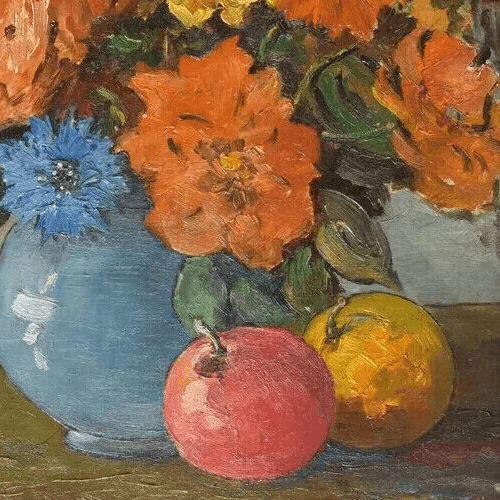 Antique Oil Painting Still Life Orange Yellow Bouquet, Flowers, Floral image 2