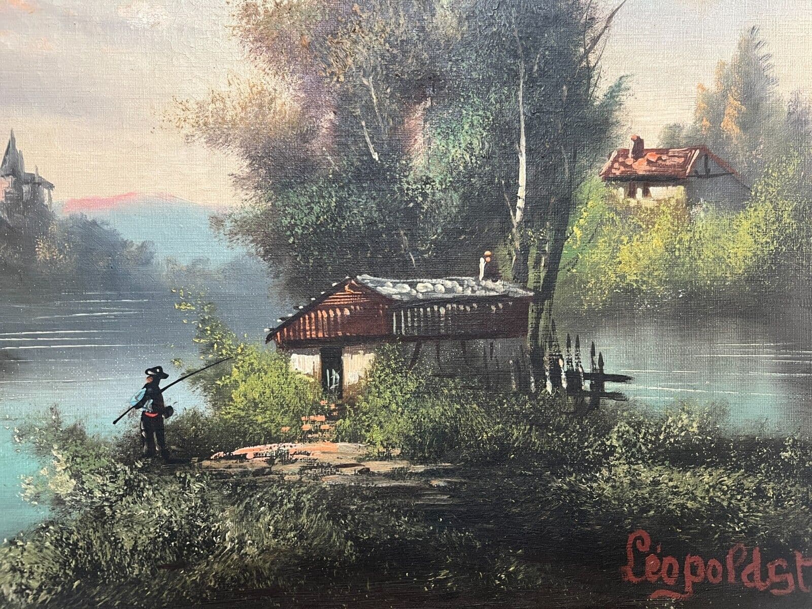 Antique Original Painting Painting Lake Landscape, Man, Fishing signed image 4