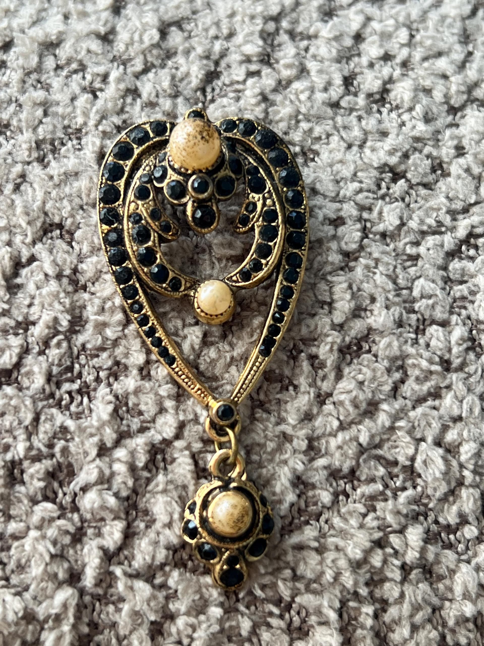 Vintage Ornate Black and Ivory Brooch with Dangling Charm
