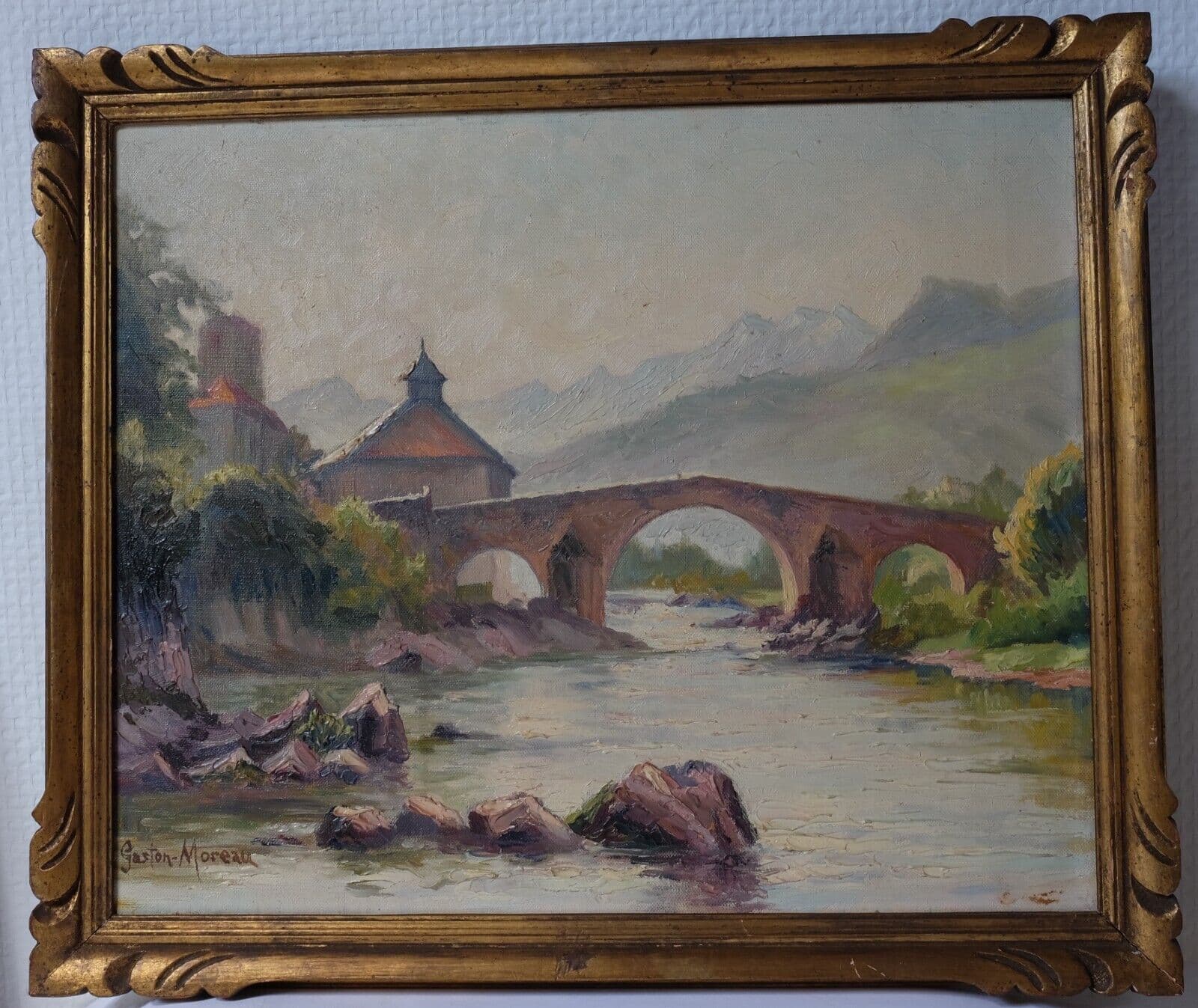 Antique Oil Painting Signed Gaston MOREAU (1885-?) Landscape and Bridge image 4