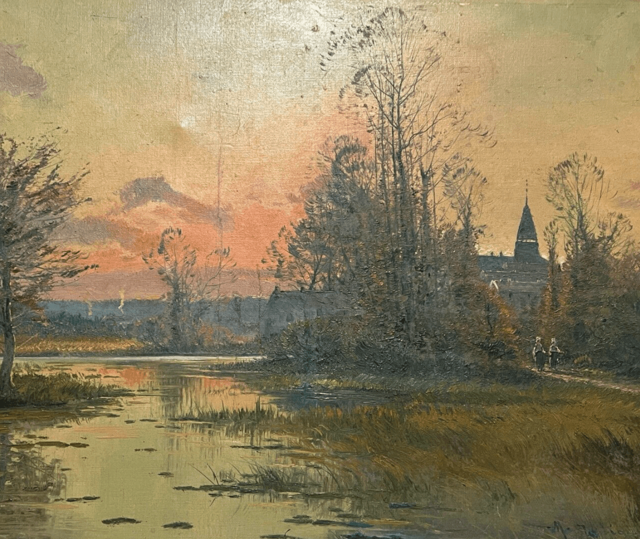 Antique Painting Original Landscape, Sunset, Lake, Forest, Trees, People signed