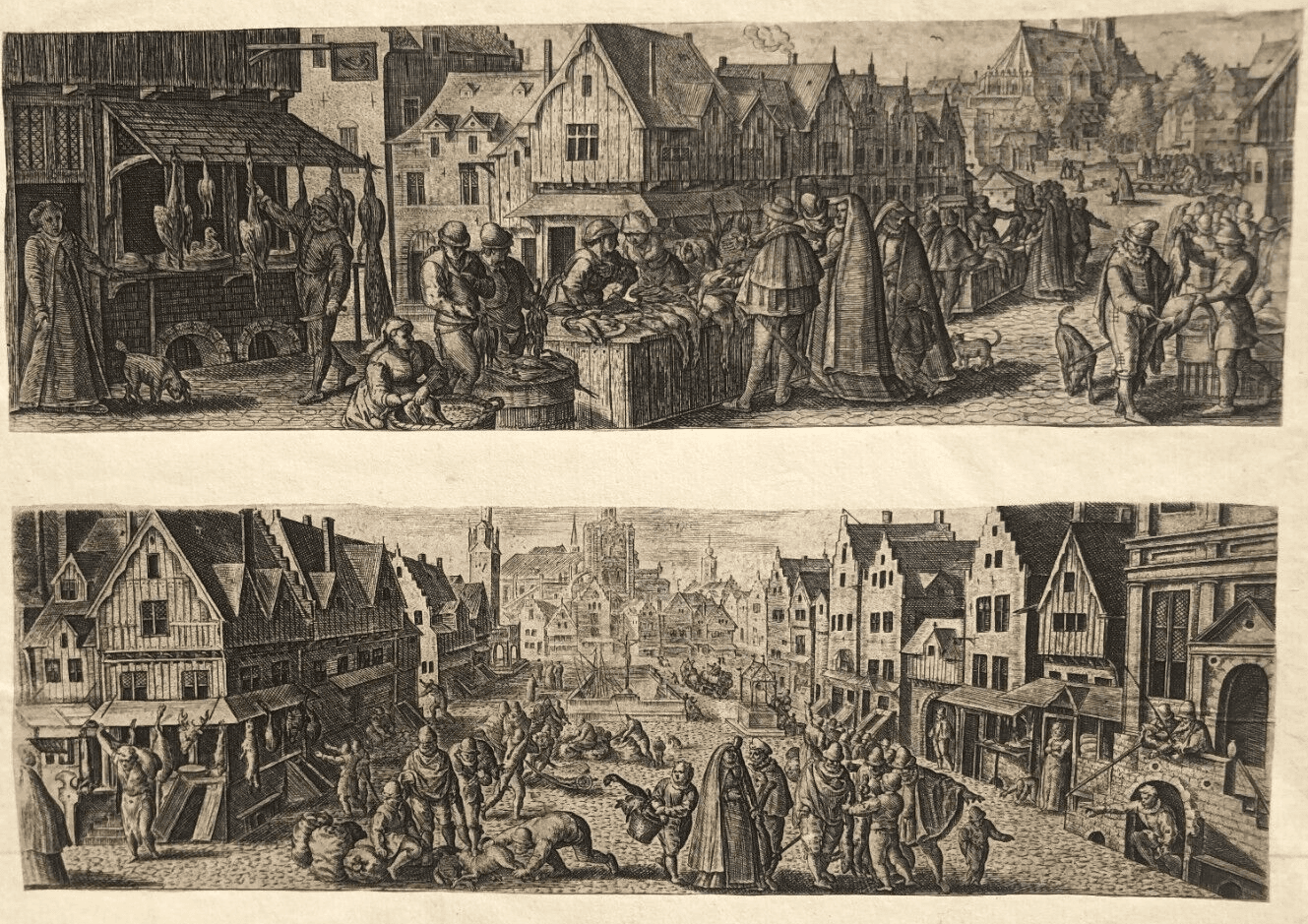 Antique Etching Original 17th century People, Market, Cityview