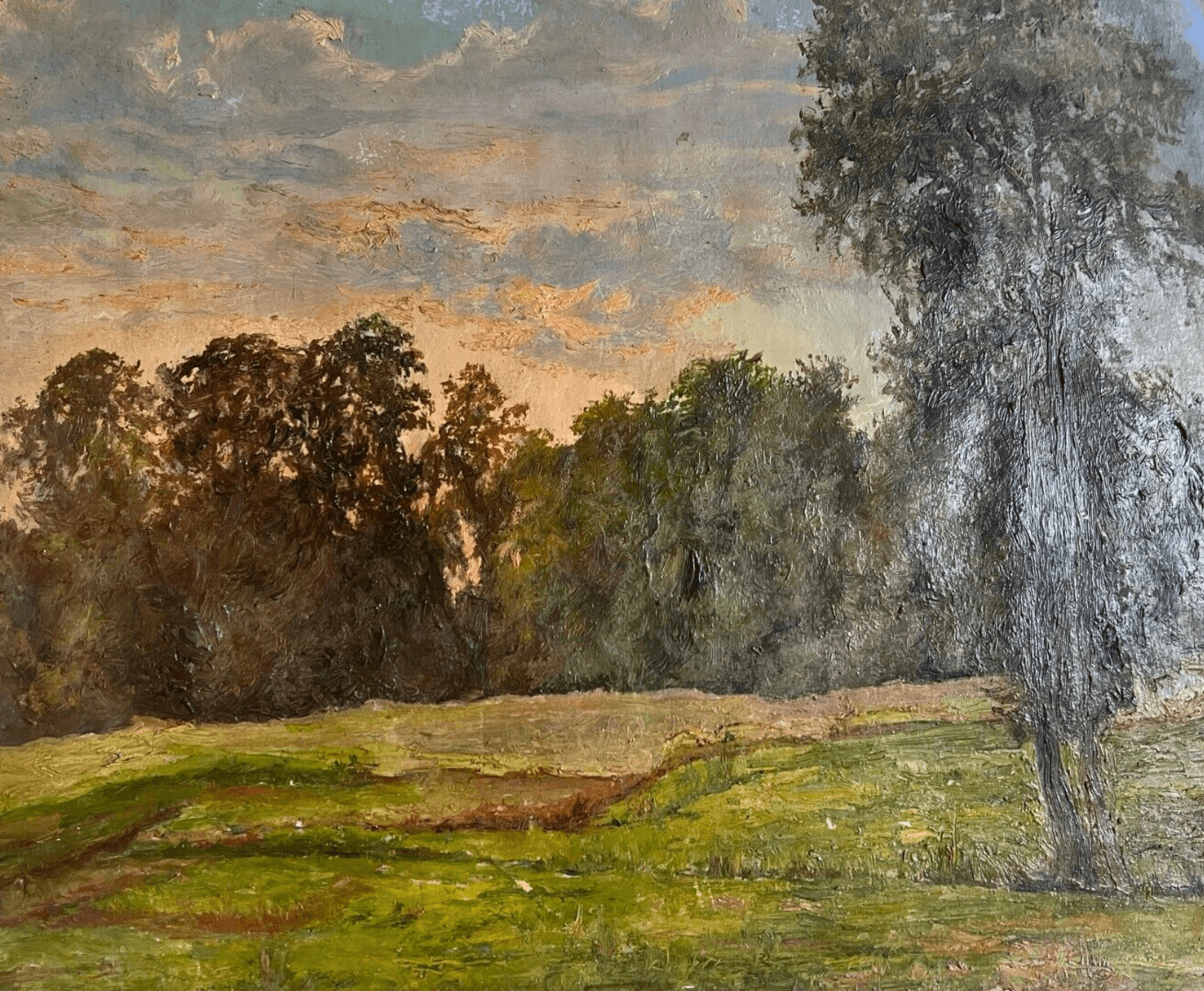 Antique Original Painting Landscape, Forest, Tree, Sunset, Nature