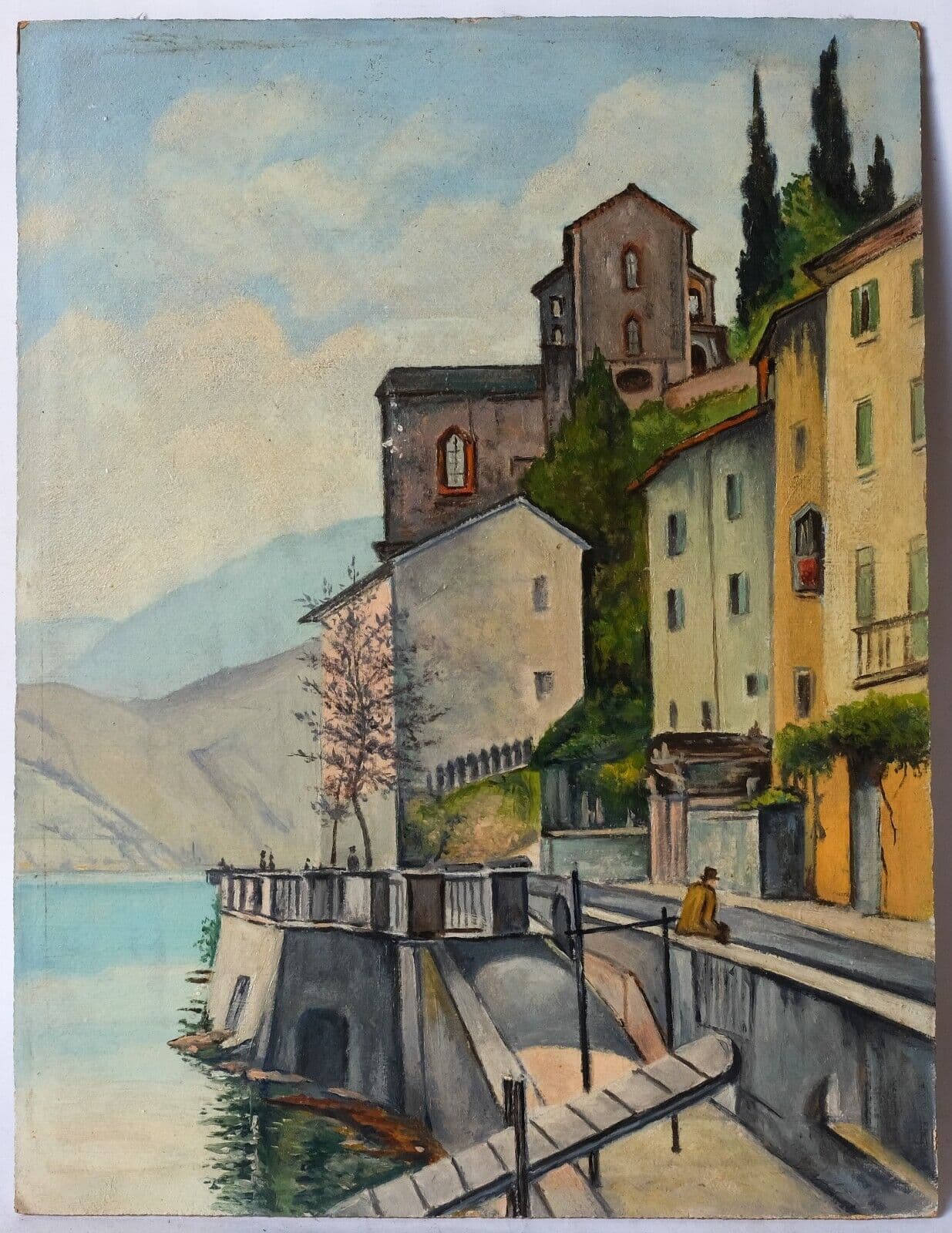 Antique Oil Painting Canvas Village Landscape, Lake, Italy, Mountain image 6