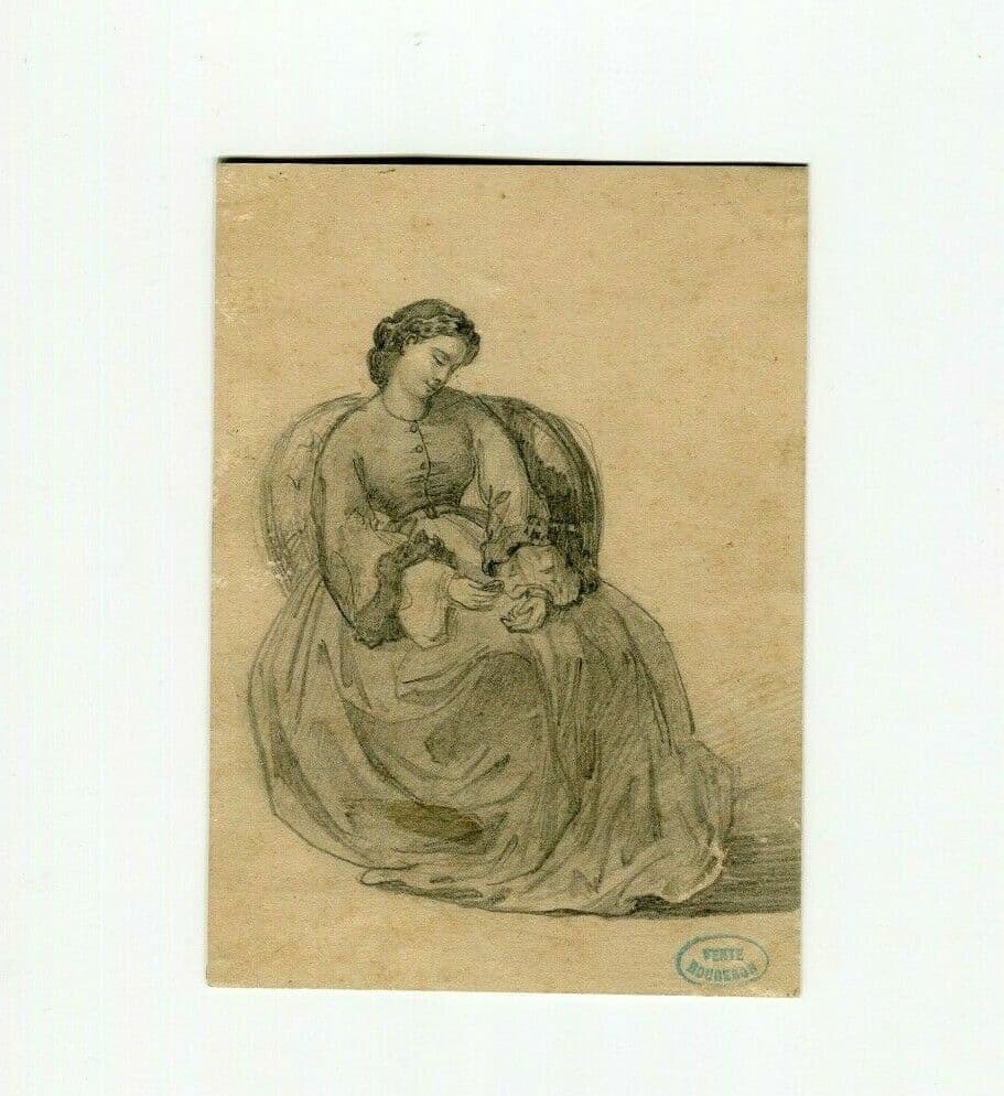 ROUGERON 19th century Woman Portrait Drawing image 2
