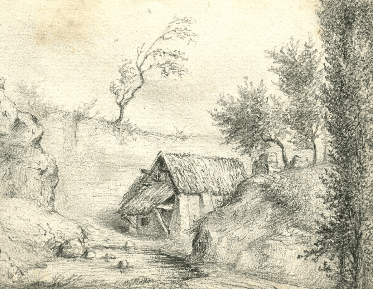 Antique Pencil Original Drawing 19th century Landscape, Farm, Forest