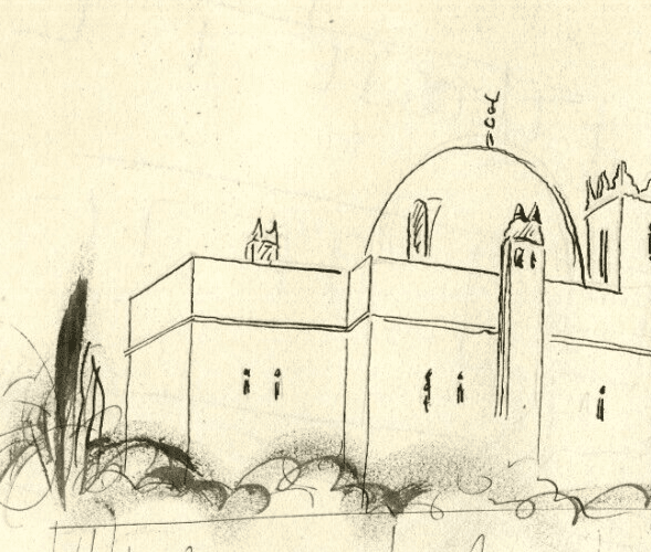 Vintage Ink Original Drawing Landscape, Blida, Cityview, Mosque c. 1935 image 2