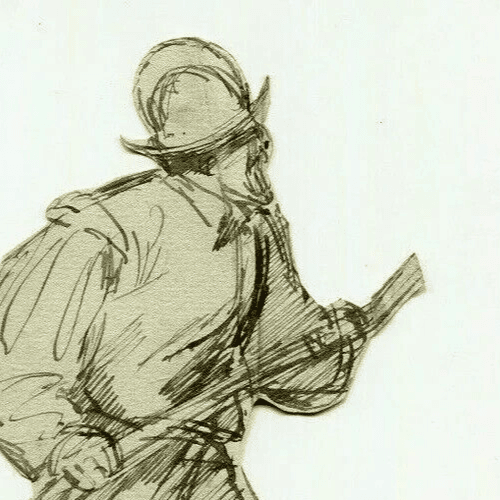 Antique Ink Original Drawing Military Man with Riffle, War image 2