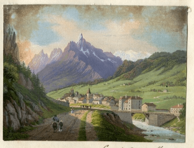 Antique Drawing 19th century Mountain Landscape Mont-Denis Village Lans-le-Bourg