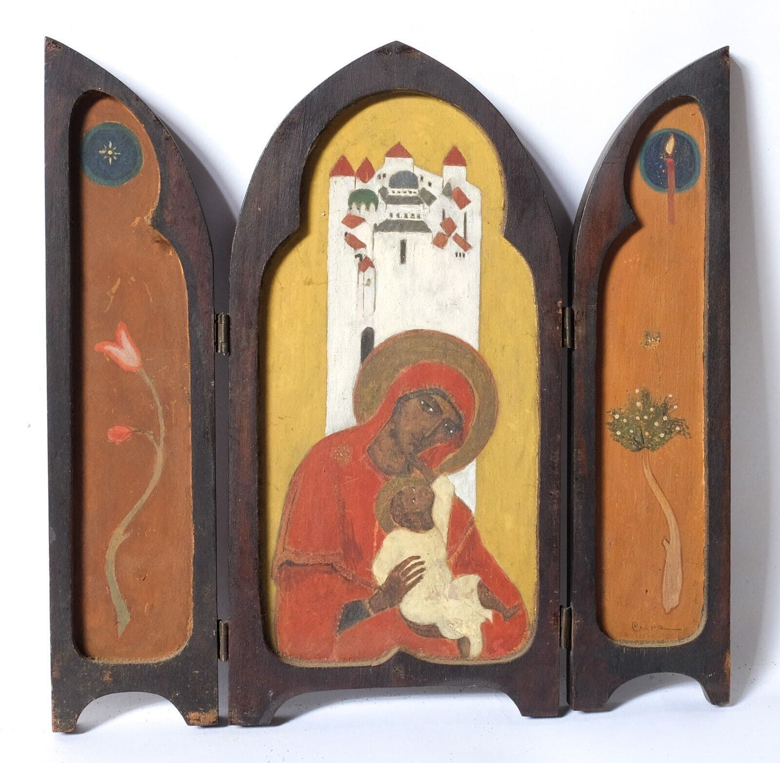 Antique Oil Religious Painting signed Mary Virgin, Jesus Framed image 1