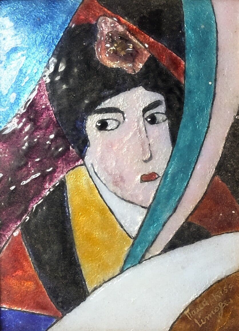 Antique Original Painting Japanese Woman Portrait, Enamel Framed image 1
