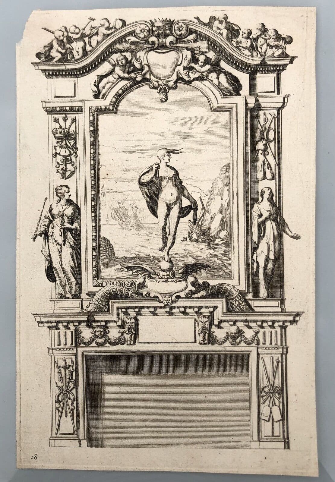 Etching Original Antique 17th century Architecture, Fireplace, Sculptures x4 image 6