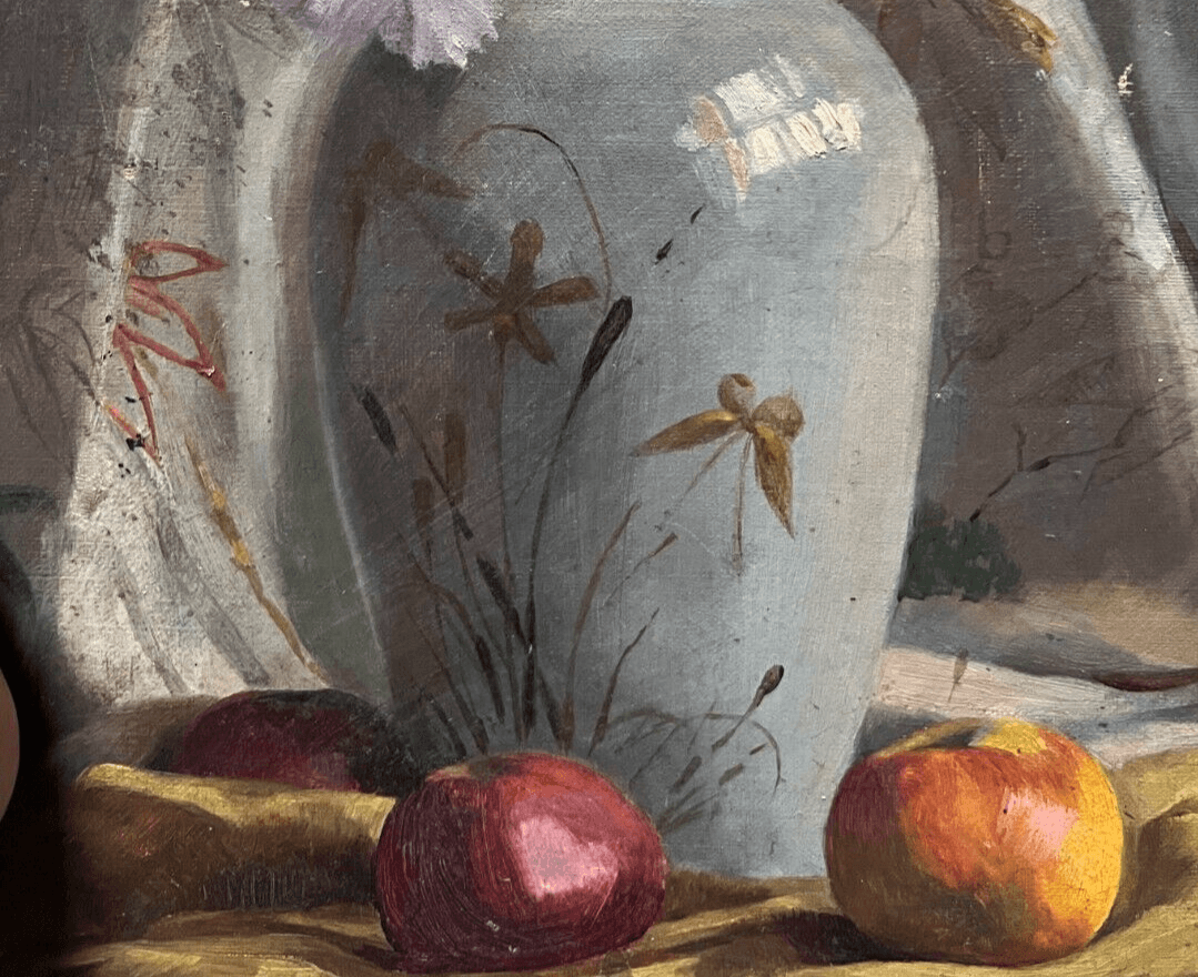 Antique Original Painting Still Life, Flowers, Vase, Apples 19th century image 4