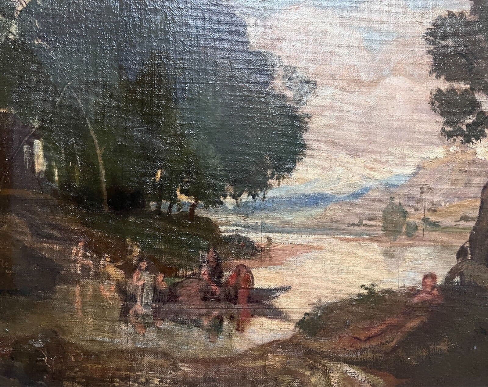 Antique Painting Oil on canvas 19th century Mountain Landscape, People, Trees image 1