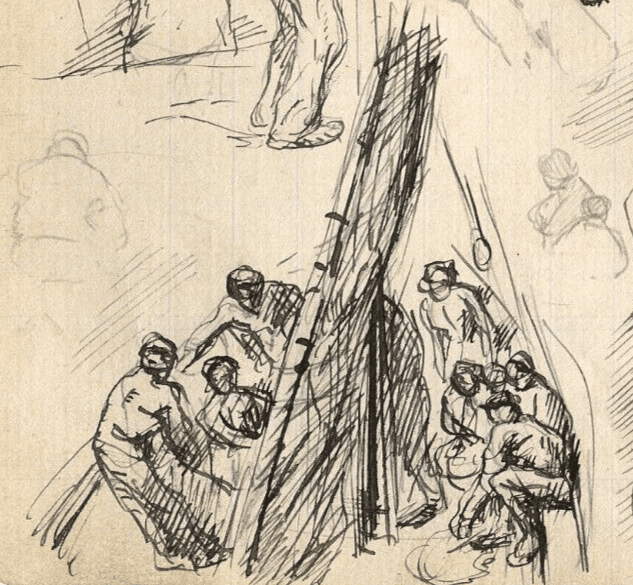 Vintage Drawing Original Maritime Sailors Figures, Boat, Sketches, Seascape