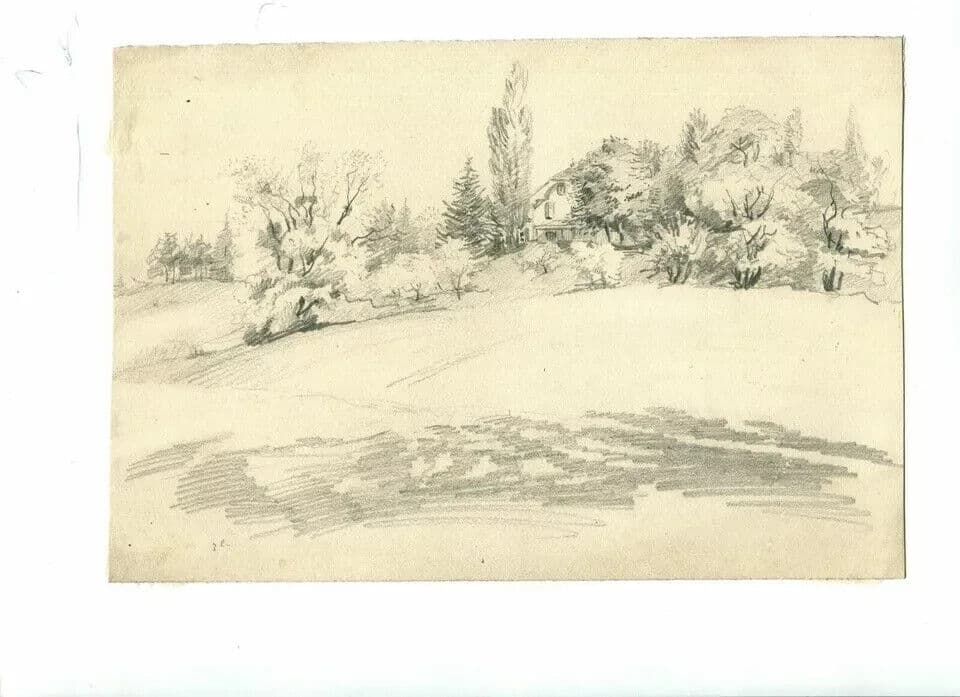 Vintage Pencil Original Drawing Sketch House, Garden. Landscape image 5