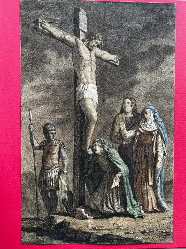 Antique Old Drawing 19th century Original Religious Christ on Cross and People image 5