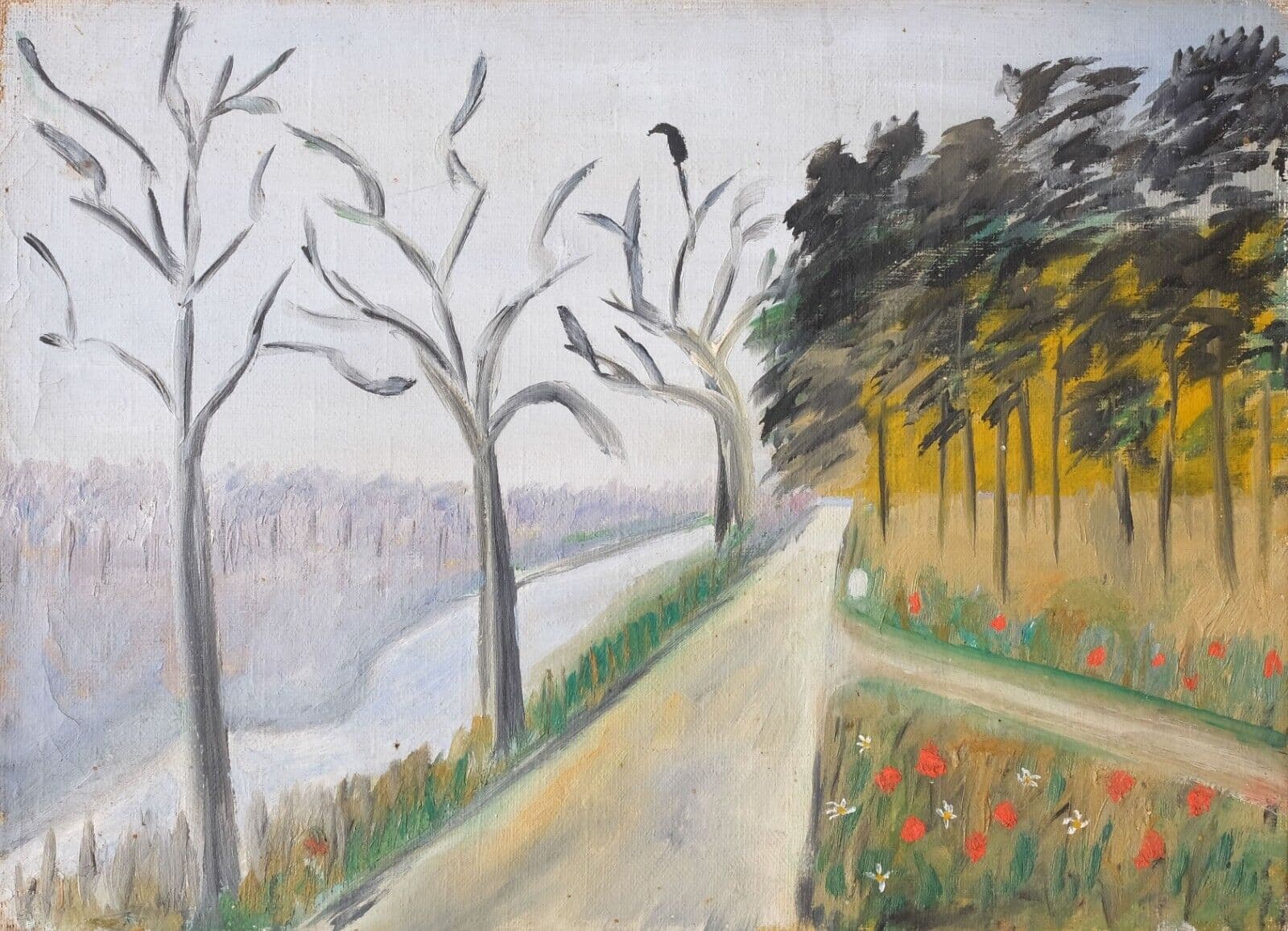 Vintage Antique Original Oil Painting Landscape, Trees and Flowers image 1