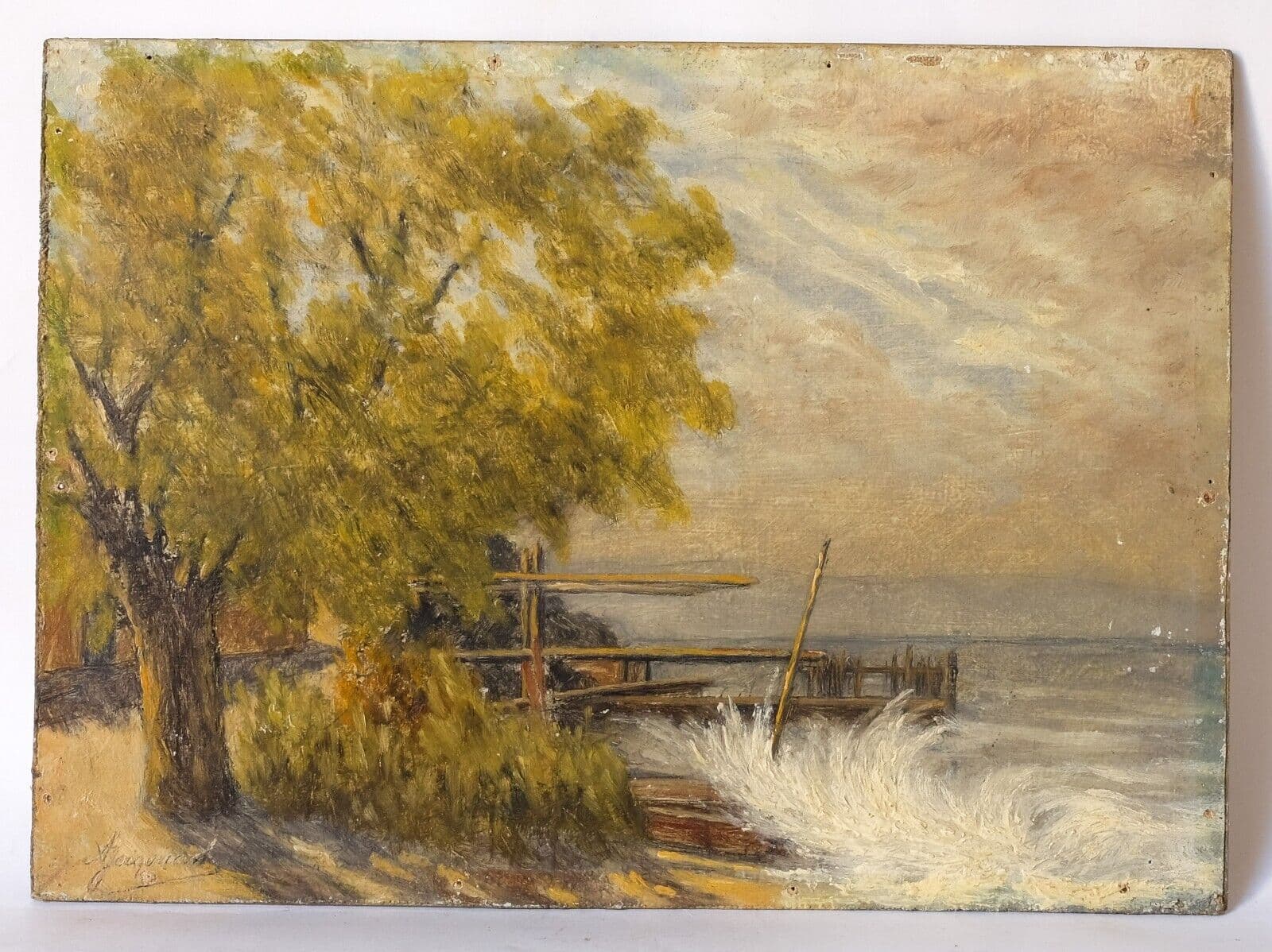 Antique Oil Original Painting signed Bourasque on Leman Amphion Haute Savoie image 4
