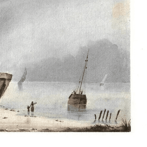 Antique Drawing Original 19th century Gouache Landscape by the Sea Artwork image 3