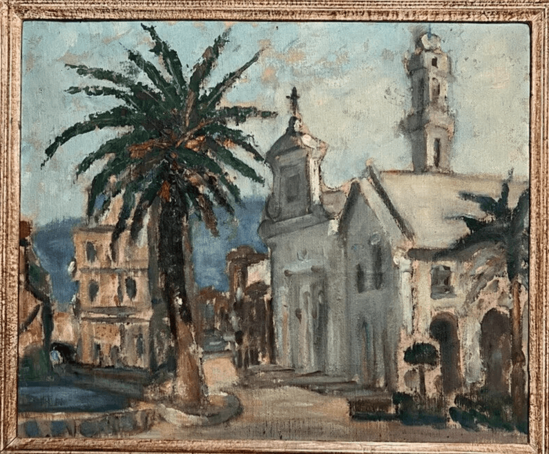 Antique Oil Painting Maritime Landscape , Cityview, Building, Church, Tree image 6