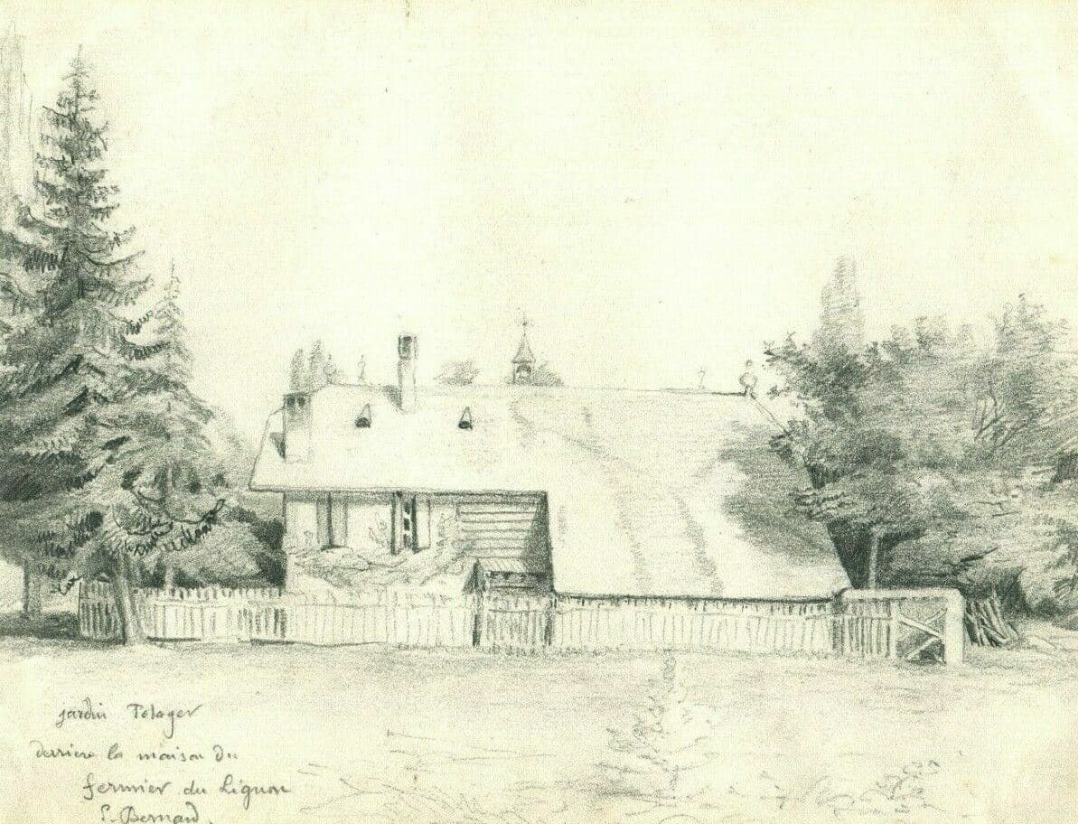 Antique Original Pencil Drawing Landscape Farmer's Garden of Lignon Artwork