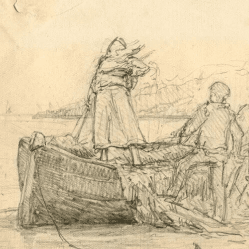 Vintage Pencil Drawing 19th century Maritime Figures and Boat, Dikeos Collection image 4