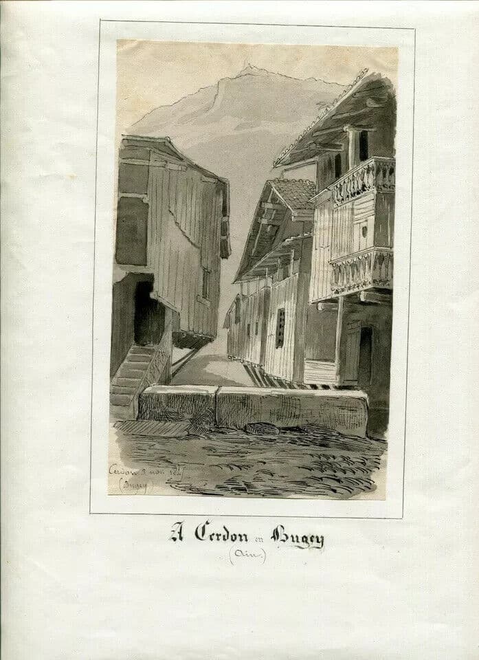 Antique Ink Drawing Original Landscape Cerdon en Bugey, Chalets 1845 image 4