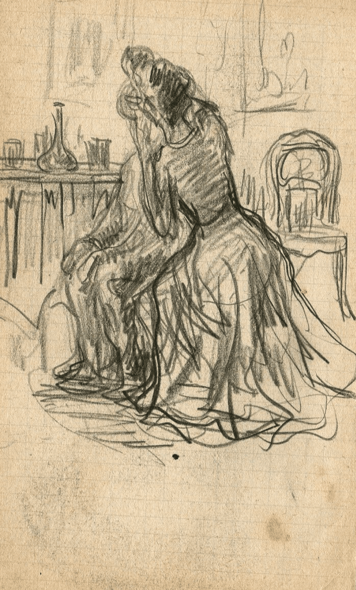 Antique Pencil Original Drawing signed Elegant Women Sitting