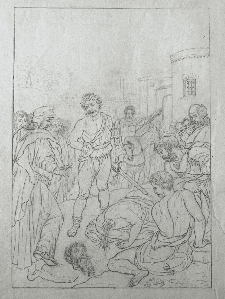 19th century Original Antique Pencil Drawing Historical Scene, Murder Artwork image 4