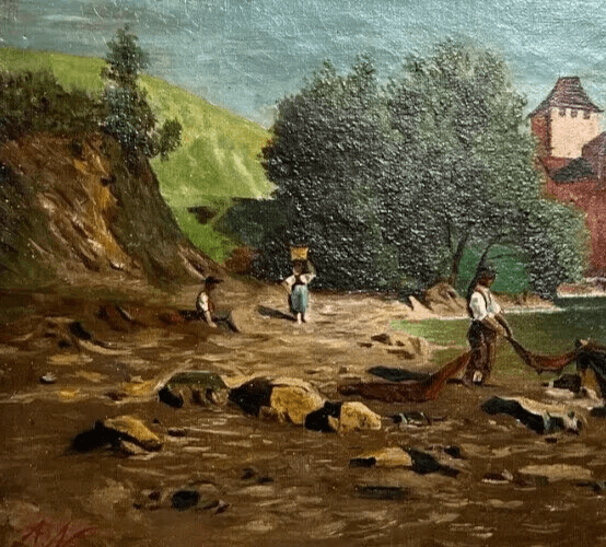 Antique Painting Original Landscape Amédée NURY (1856-?) Switzerland Lake, Boat image 5