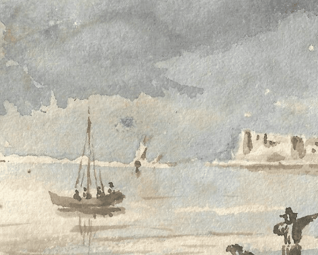Antique Ink Drawing 19th century Seaview Landscape with Figures image 2