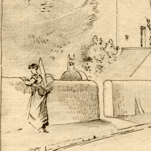 Antique Drawing Hippolyte De TREVISE Quincy Cityscapes with Dog and Woman 1884 image 3
