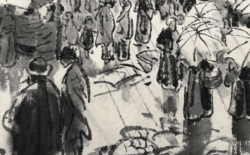 Antique Drawing Characters in the Rain By Jules CHADEL (1870-1942), Umbrellas image 3