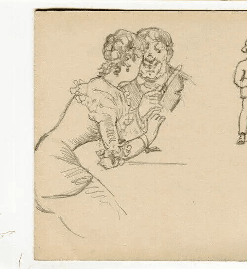 Vintage Pencil Original  Drawing Couple Portrait, Man with Pig image 2